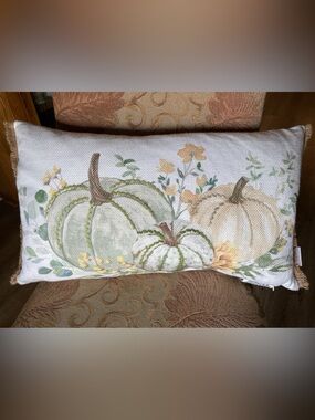 Autumn Pumpkin Lumbar Accent Pillow - White, Green & Cream